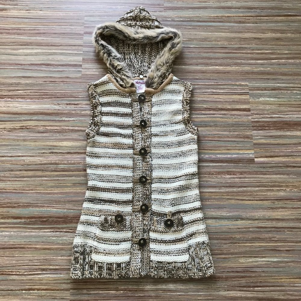 Wool Blend Knit Sweater Vest Hooded Faux Fur Trim Midtown Y2K Brown Stripe